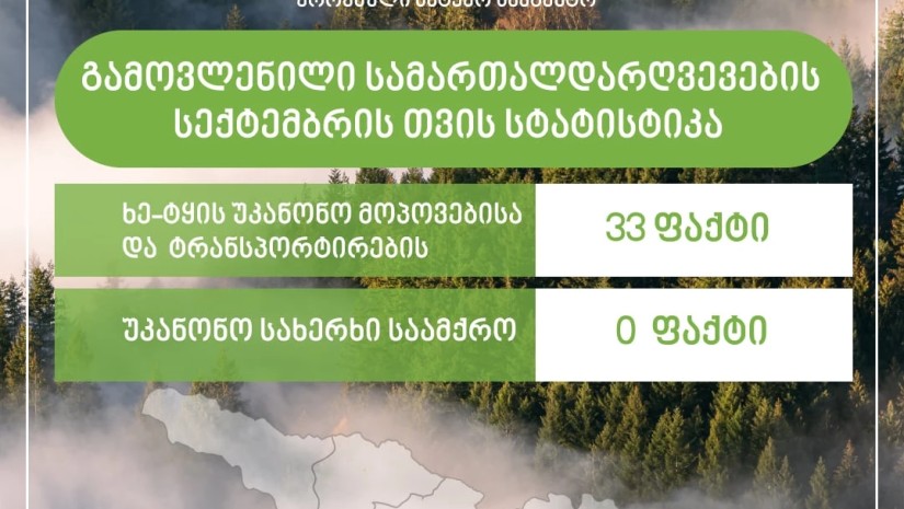 ეროვნული სატყეო სააგენტოს თანამშრომლებმა,  მიმდინარე წლის სექტემბრის თვეში, ხე-ტყის უკანონო მოპოვებისა და ტრანსპორტირების  33  ფაქტი გამოავლინეს 