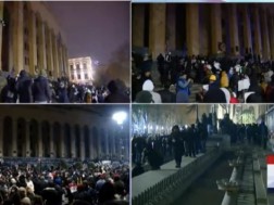 Demonstrators at the rally throw various objects in the direction of the special forces - a water cannon was used against them.