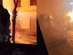 VIDEO: The molotov thrown at the special forces hit the water jet machine and caught fire