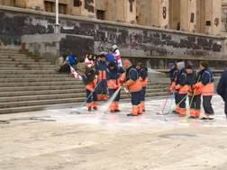 Representatives of the City Hall have been working since morning to clean the area near the Parliament building