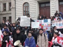 Students of TSU are holding a demonstration near the first building of the university